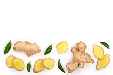 fresh Ginger root and slice isolated on white background with copy space for your text. Top view. Flat lay