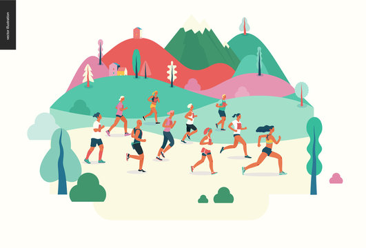 Marathon race group - flat modern vector concept illustration of running men and women wearing sportswer in landscape. Marathon race, 5k run, sprint. Creative landing page design template, web banner