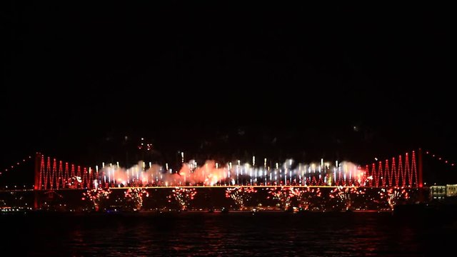 Istanbul celebrates to Anniversary of Republic with a great show from 16 different points. Fireworks show started on the Bosporus Bridge with a 42 firing system and 800 meter wide firefall. Festival n