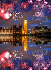 Big Ben with firework in London, England (celebration of the New Year)