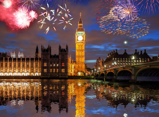 Big Ben with firework in London, England (celebration of the New Year)