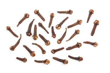 Dry spice cloves or carnation isolated on white background. Top view. Flat lay