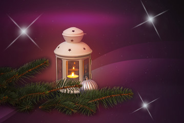 White lantern, fir branches and christmas ball on holiday background. View with copy space.