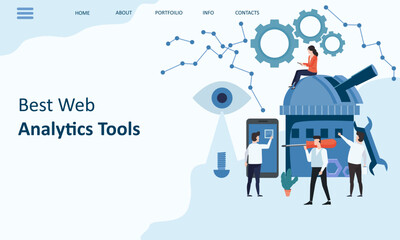 Best Web Analytics tools. Mockup landing page website design. Modern trend flat design concept of web page design for website and mobile website. Teamwork business. Vector illustrations.