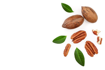 pecan nut decorated with green leaves isolated on white background. Top view. Flat lay