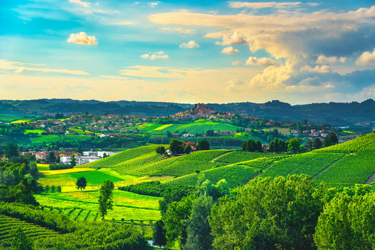 Langhe vineyards sunset panorama, Roddi village, Piedmont, Italy Europe.