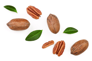 pecan nut decorated with green leaves isolated on white background. Top view. Flat lay