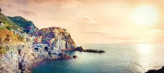 Fotobehang Liguria Zeegezicht met stad op rots van Manarola, in het beroemde Cinque Terre National Park. Ligurië, Italië