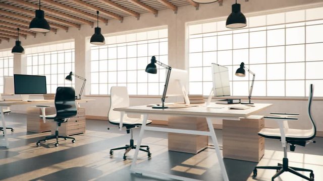 Interior Of An Empty Modern Loft Office open space  4K loopable modern office footage.