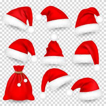 Christmas Santa Claus Hats With Fur Set, Bag, Sack. Xmas, New Year Red Hat With Shadow. Winter Cap. Vector illustration.