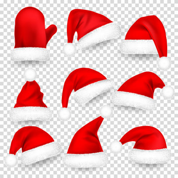 Christmas Santa Claus Hats With Fur Set, Mitten. Xmas, New Year Red Hat With Shadow. Vector illustration.