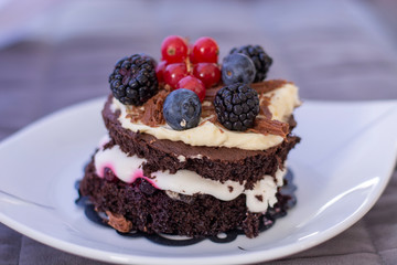 Chocolate cake with blackberry, cranberry and blueberry