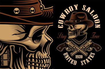 Vector illustration of cowboy skull with crossed handguns.