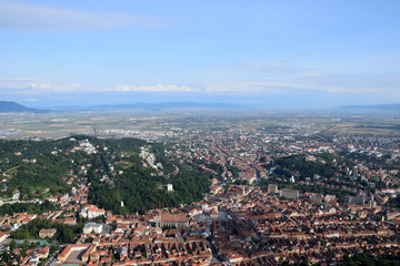 Aerial view of the Brasov Old town from Tampa Mount. Brasov, Transylvania, Romania.