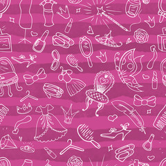 Hand drawn seamless pattern with princess girl doodle design elements