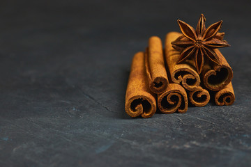cinnamon sticks and cardamom on a black background horizontal view close-up with copy space for text. fragrant spices.