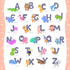 Obraz premium Cute animal alphabet A-Z vector illustration.