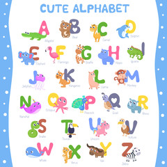 Cute animal alphabet A-Z vector illustration.