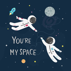 Space love vector illustration. Boy astronaut and girl astronaut fly to each other. You're my space card. - 237079769
