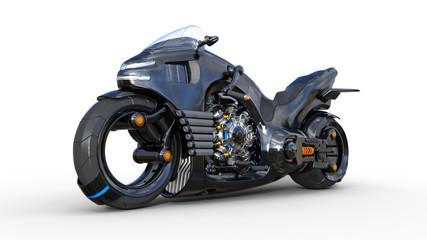 Bike with chrome engine, black futuristic motorcycle isolated on white background, 3D rendering © freestyle_images