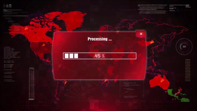 DDOS Attack Alert Warning Message Attack on Screen. Wire Frame World map Radar Network Glitch Distortion. Login, Password and Progress Bar Futuristic UI Elements HUD Sci Fi Interface.