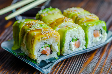 sushi with avocado and salmon