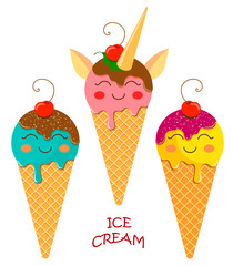 A set of three bright ice cream in a waffle cup, ice cream in the form of a unicorn with berries, leaf, bright and festive. Illustrations in a flat cartoon style