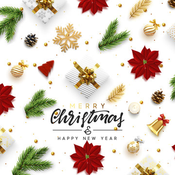 Christmas greeting card. Background Xmas objects viewed from above. Text Merry Christmas and Happy New Year. Vector illustration. flat lay