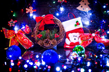 Christmas background, garland lights, holiday toys