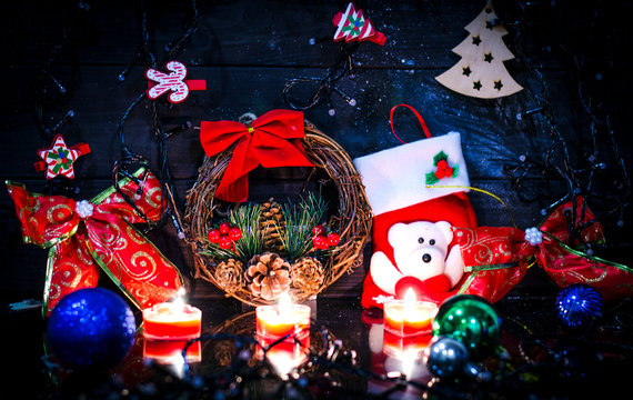 Christmas background, garland lights, holiday toys