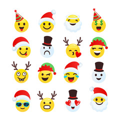 Christmas smiley cheerful and funny collection. Includes such emoticons as Santa Claus, snowman, elf, reindeer characters. Bright and happy smile set. Vector illustration.