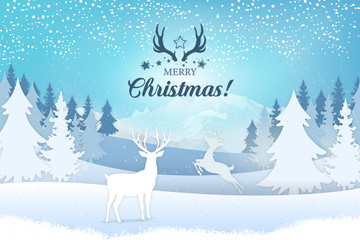 Holiday greeting card concept. Merry Christmas. Stylish lettering with a Christmas motif, winter view landscape with deer, trees and mountains with falling snow