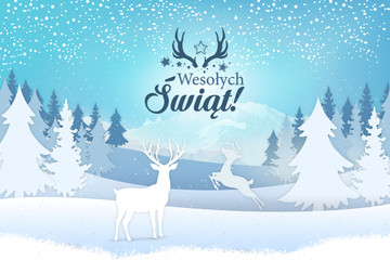 Koncepcja kartki z życzeniami świątecznymi Wesołych Świąt napisane po polsku. Stylowy napis z motywem świątecznym, na tle zimowego widoku na jelenie, drzewa i góry z padającym śniegiem