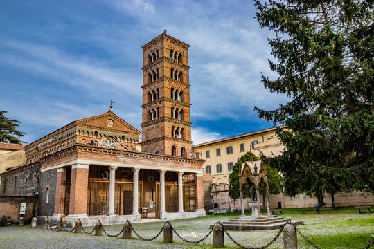 The church, the bell tower, and the liturgical fountain "the Paradise" in the Exarchic Monastery of Saint Mary in Grottaferrata, Greek Abbey of Saint Nilus, the last Byzantine-Greek monastery in Italy