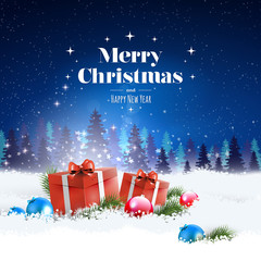 The concept of a greeting card with a stylish Merry Christmas and Happy New Year lettering. Winter night scenery, gifts lying in the snow and snow falling in the sky
