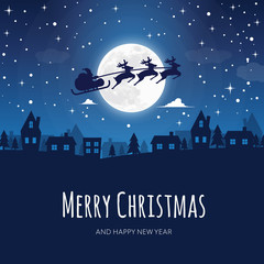 Greeting card with the words Merry Christmas. In the background, town in the winter night scenery, moon, reindeer team with Santa Claus and falling snow