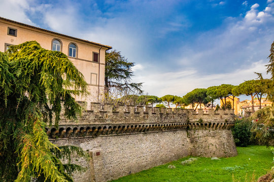 The walls and castle of the Exarchic Monastery of Saint Mary in Grottaferrata, Greek Abbey of Saint Nilus, founded by St. Nilus of Rossano. The last Byzantine-Greek monastery in Italy. Basilian Monks.