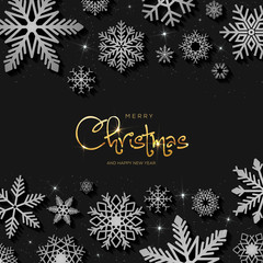 Greeting card with beautiful snowflakes on a dark background and with a shiny inscription Merry Christmas