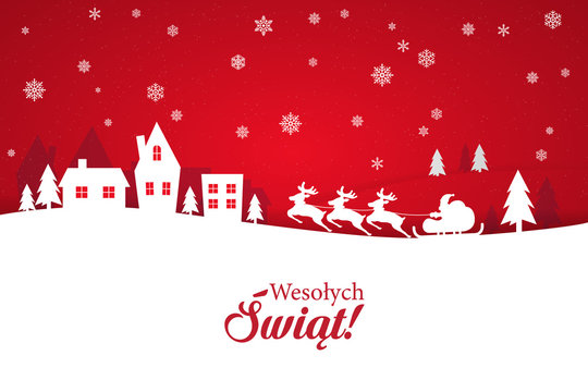 Kartka świąteczna ze stylowym napisem Wesołych Świąt po polsku. Zimowa sceneria z padającym śniegiem oraz zaprzęgiem reniferów wraz ze Świętym Mikołajem