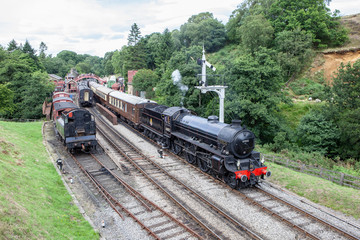 grosmont railway station with 3 steam engines