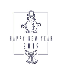 Christmas design with snowman. Happy New Year 2019. Christmas lettering isolated on white backgroun. Stylish blue text on white. Vector illustration