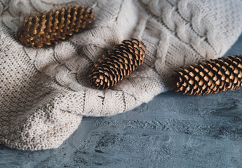 Pinecones and sweater on stone background.
