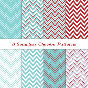 Aqua Blue, Dark Red, White and Silver Gray Chevron Zigzag Stripes Vector Patterns. Set of Modern Christmas Background Textures. Repeating Pattern Tile Swatches Included.