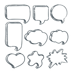 Blank speech bubbles frames with copy space. Vector sketch illustration. Hand drawn empty clouds with place for text.