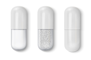 Vector 3d Realistic White and Transparent Medical Pill Icon Set Closeup Isolated on White Background. Design template of Pills, Capsules for graphics, Mockup. Medical and Healthcare Concept. Top View