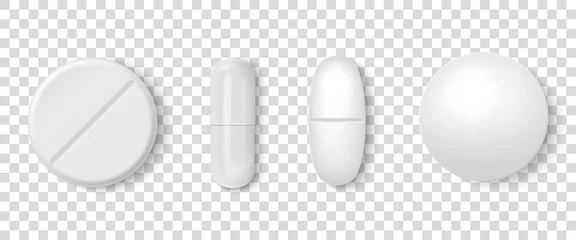 Foto auf Acrylglas Vector 3d Realistic White Medical Pill Icon Set Closeup Isolated on Transparency Grid Background. Design template of Pills, Capsules for graphics, Mockup. Medical and Healthcare Concept. Top View © gomolach