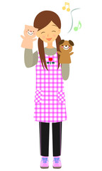 女性保育士　パペットを付けて歌う　全身