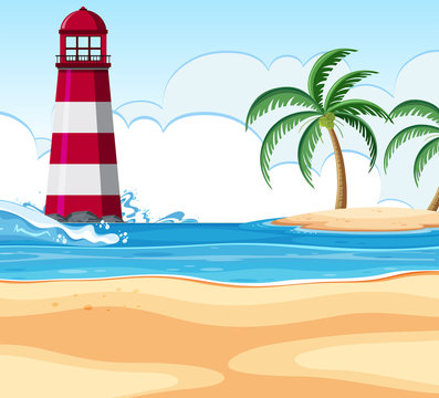 Beach scene with lighthouse