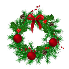 Traditional green christmas wreath with cones, holly berry, red metallic ribbon, fir, christmas balls