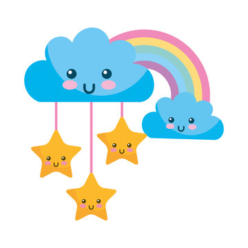 kawaii clouds stars and rainbow cartoon